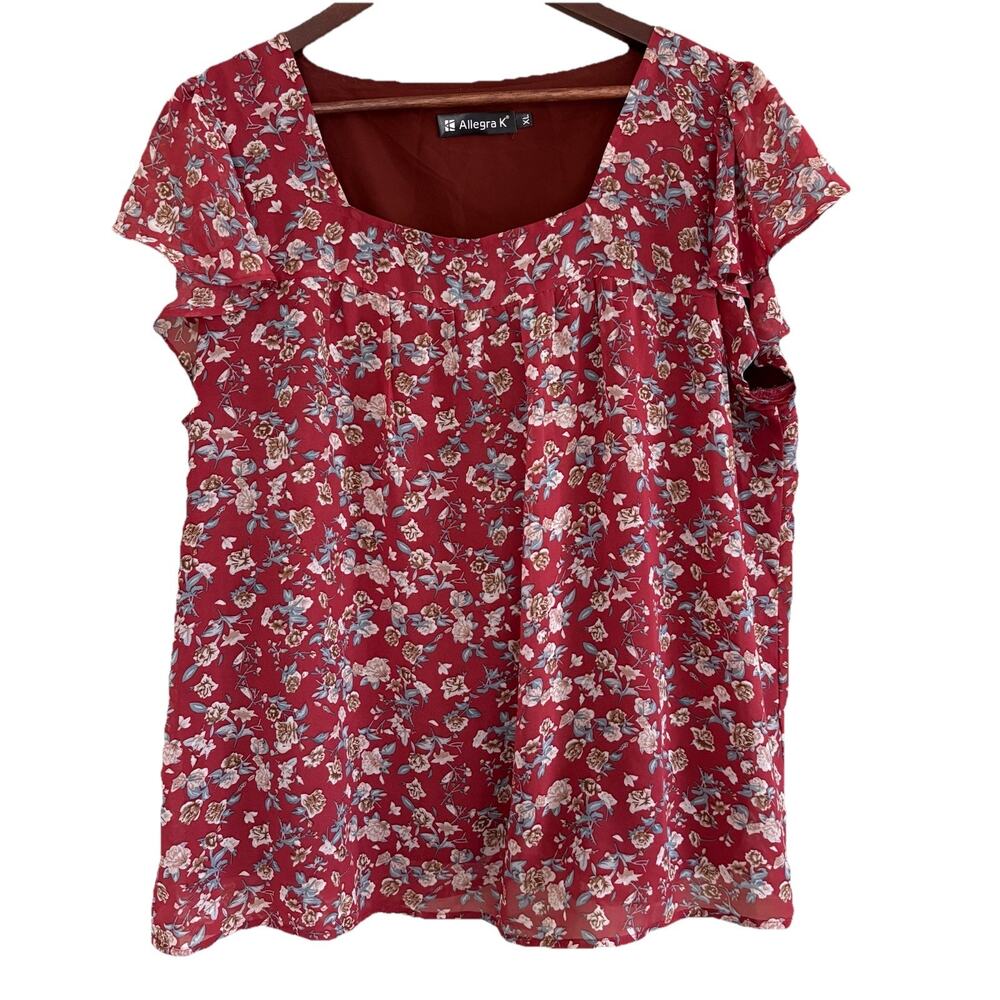 Allegra K Cottagecore Floral Boho Flutter Sleeve Blouse Square Neck Lined Sz XL